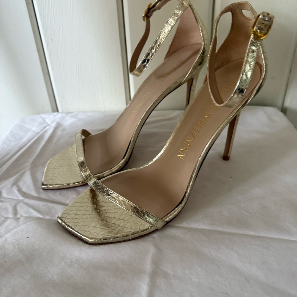 Stuart Weitzman Gold Strappy Heels Nudistcurve 100 metallic watersnake leather